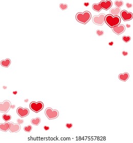 Bright scattered hearts falling valentine background. Romantic invitation card backdrop. Ruby red hearts love pleasure symbols isolated on transparent background. Birthday lovely decor.
