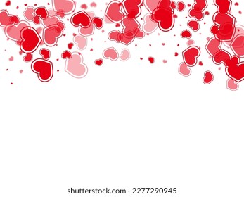 Bright scattered hearts falling vector illustration. Modern invitation card backdrop. Framed hearts love pleasure symbols isolated on transparent background. Birthday simple decor.