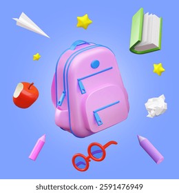 Bright school backpack surrounded by items such as book, pencils, glasses, apple and paper airplane, 3d vector illustration