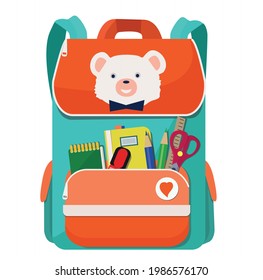 Bright school bag, backpack, briefcase with stationery.  Back to school.  Vector illustration on a white background.