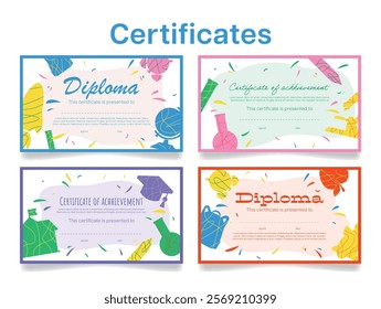 Bright, school certificate and diploma templates that highlight a student s achievements with playful designs and festive elements.