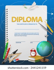 Plantilla brillante del diploma escolar para los niños, fondo del certificado con el lápiz colorido de las materias escolares, regla, globo, libro del reloj en una hoja de fondo de papel. Premios para la formación Vector