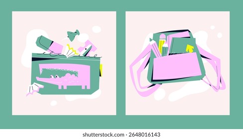 Bright school illustration with open backpack and crocodile pencil case full of stationery. Perfect for kids, learning and educatio