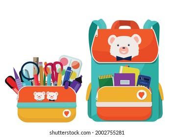 A bright school pencil case, a bag, a backpack, a briefcase is filled with school stationery. Pen, pencil, scissors, ruler, paint, textbook. Back to school.  Vector illustration on a white background.