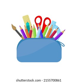 Bright school pencil case with the detection of school stationery records, pens, pencils, scissors, ruler, brushes. september 1st concept,vecto