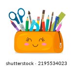 Bright school pencil case filled with school stationery such as pens, pencils, scissors, ruler, brushes. September 1 concept, go to school. flat vector illustration isolated on white background