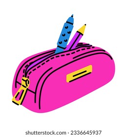 Bright school pencil case filled with school stationery such as pens, pencils. Concept september 1, go to school. Flat vector illustration isolated on white background