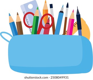 A bright school pencil case filled with school stationery, such as pens, pencils, Concept of September 1, go to school. flat vector illustration on white background