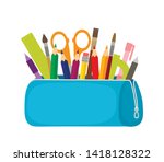 Bright school pencil case with filling school stationery such as pens, pencils, scissors, ruler, tassels. concept of September 1, go to school. flat vector illustration isolated on white background