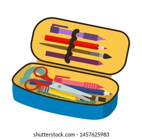 Bright school pencil case with filling school stationery such as pens, pencils, scissors, ruler, tassels. concept of September 1, go to school. flat vector illustration isolated on white background
