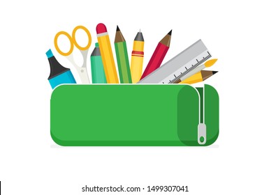 Bright school pencil case with filling school stationery flat vector