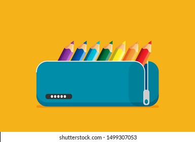 Bright school pencil case with filling school stationery flat vector