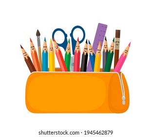 Premium Vector  Vector red pencil case with crayons inside open and closed