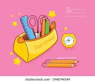 Bright school pencil case with filling school stationery such as pens, pencils, scissors, ruler, .concept Black to school cartoon art illustration