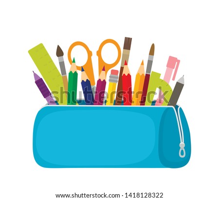 Bright school pencil case with filling school stationery such as pens, pencils, scissors, ruler, tassels. concept of September 1, go to school. flat vector illustration isolated on white background