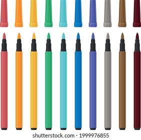 A bright school set of multi-colored markers, school objects and accessories for creativity and drawing. Stationery vector illustration on a white background