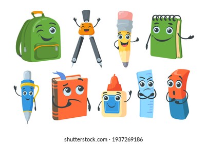 Bright school stationery characters flat pictures collection. Cartoon happy pencil, book, spiral notebook, ballpoint, schoolbag, ruler, eraser isolated vector illustrations. Study and mascots concept