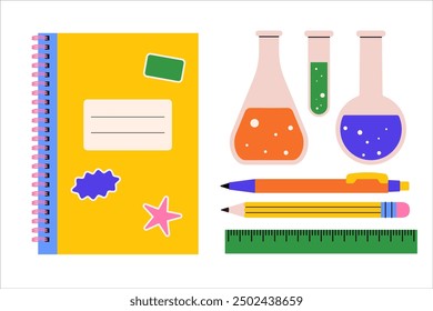 Bright school stationery and chemistry lab tools. Vector illustration educational tools for science and learning content