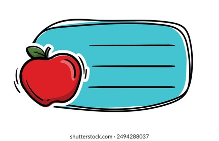 Bright school sticker with an apple and space for text. Simple vector label for notebook, textbook, diary. School, learning, education concept