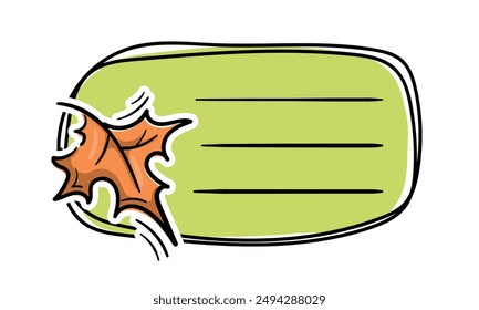 Bright school sticker with autumn leaf and place for text. Simple vector label for notebook, textbook, diary. School, learning, education concept