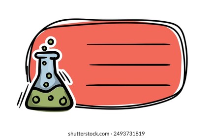 Heller Schulaufkleber mit einer Chemikalienkolbe und Platz für Text. Simple Vektorgrafik Label für Notizbuch, Lehrbuch, Tagebuch. Schule, Lernen, Bildungskonzept