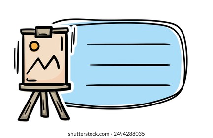 Bright school sticker with an easel for drawing and a place for text. Simple vector label for notebook, textbook, diary. School, learning, education concept