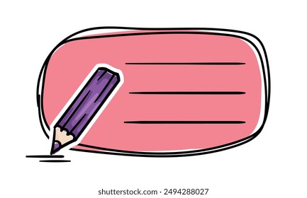 Bright school sticker with pencil and place for text. Simple vector label for notebook, textbook, diary. School, learning, education concept