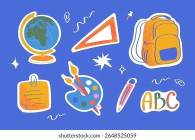 Bright school stickers clip art with backpack, globe, triangle pencil and palette on blue background. Fun flat pack for kids, educational materials and creative projects.