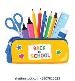 Bright school supplies including pencils pens scissors and erasers in a yellow pencil case with back to school text