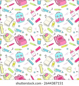 Bright school supplies pattern for back to school design and decoration.