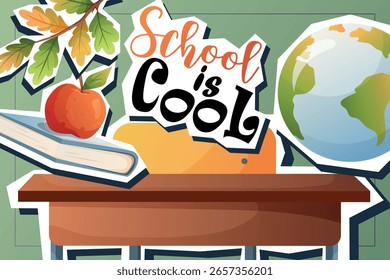La Plantilla brillante de la escuela con la escuela es letras frescas, globo, manzana y libro. Diseñado en el estilo de la etiqueta engomada del recorte para los usos creativos.
