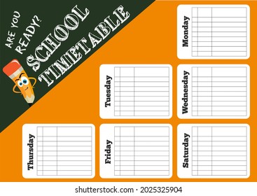 Brillante horario escolar con graciosos lápices y letras. Los colores naranja y verde oscuro. Orientación horizontal. Ilustración vectorial.
