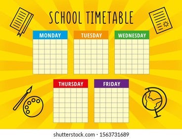 Bright school timetable on the yellow glowing background with school supplies. Vector weekly planner for kids. A4 scaled standard size