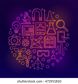 Bright science illustration. Vector colorful round education and research round sign in thin line style on dark background