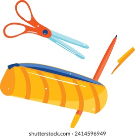 Bright scissors, pencil, pen and pencil case on white background. School supplies floating in mid-air. Education and back to school vector illustration.