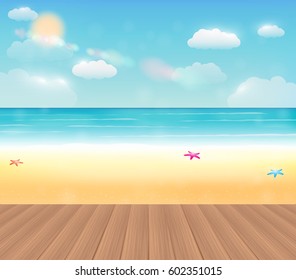 bright sea beach with a real wood floor