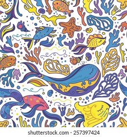 Bright sea doodle pattern | Seamless vector travel underwater baby sketch style background