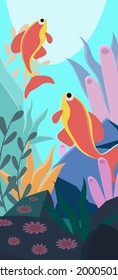 Helle Meeresgrafik mit zwei rosa Fischen, die an die Wasseroberfläche schwimmen. 