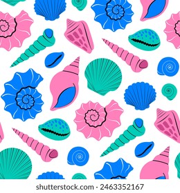 Bright Sea shells seamless pattern on white background in simple flat style. Trendy pattern for fabric, textile, wrapping paper, wallpaper, stickers, notebook cover. Vector illustration