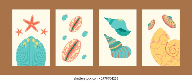 Bright sea world collection of contemporary art posters. Marine illustration set in pastel colors. Cute seashells and starfish on gentle background. Sea life concept for banners, website design