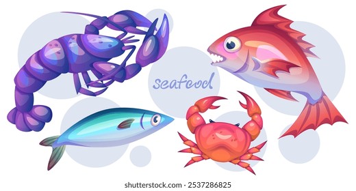 Bright seafood collection - purple lobster, turquoise mackerel, orange crab and red fish with sharp teeth. Cartoon vector set of marine creatures for restaurant or store menu design or game assets.