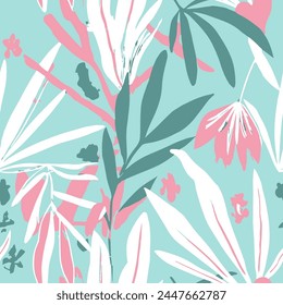 Bright Seamless Abstract Decorative Scribble Art. Black Endless Color Modern Leaves, Seamless Texture. Pink Continuous Creative Jungle Illustration Print. 