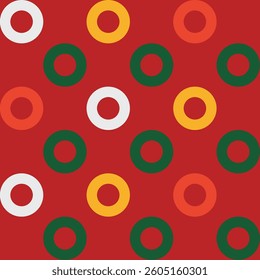 Bright seamless abstract geometric background with circles for New Year and Christmas. This trendy minimalist vector pattern features a circular grid and polka dots, ideal for holiday prints
