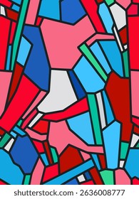Bright seamless abstract geometric pattern with bold crystal shapes and strong color contrasts