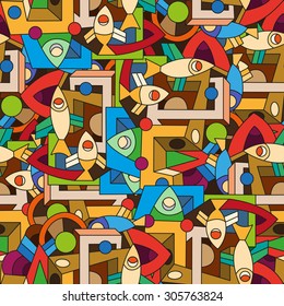 Bright seamless abstract pattern background with hand drawn fish and colored doodle contours. 