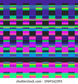 Bright seamless abstract pattern in retro style. Vintage video games, audio equipment and televisions. Grunge background. Modern art. Video and broadcast error. Stock vector illustration.