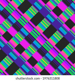 Bright seamless abstract pattern in retro style. Vintage video games, audio equipment and televisions. Grunge background. Modern art. Video and broadcast error. Stock vector illustration.