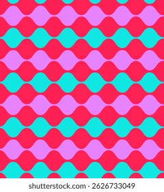 Bright seamless abstract pattern with stripes in the form of purple and green balls on red background
