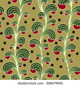 Bright seamless abstract plant pattern. Green plants growing upwards and dark berries (could be blackcurrant, blueberries, plums, blackberries, chokeberry etc), red leaves accent. Eps 10