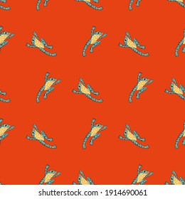 Bright seamless abstract zoo pattern with blue and yellow colored frog shapes. Orange bright background. Stock illustration. Vector design for textile, fabric, giftwrap, wallpapers.